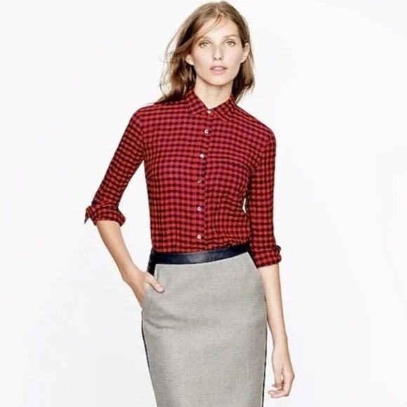 J. Crew Women's Crinkle Boy Shirt in Red Check - 00 EUC - Picture 1 of 14